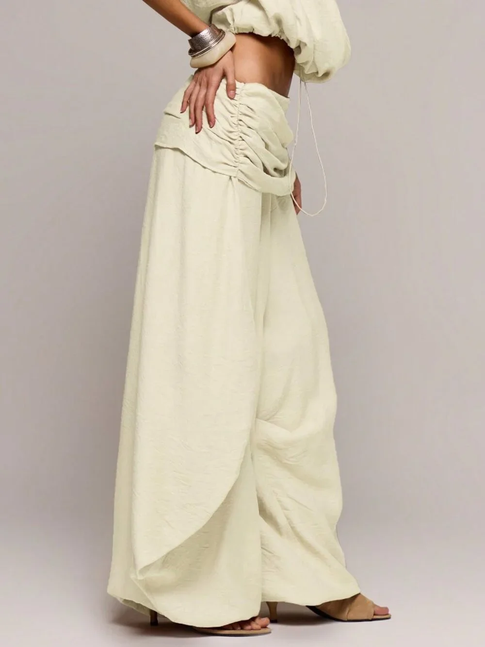 Cream Elegant Women's Low Rise Textured Wide Leg Trousers